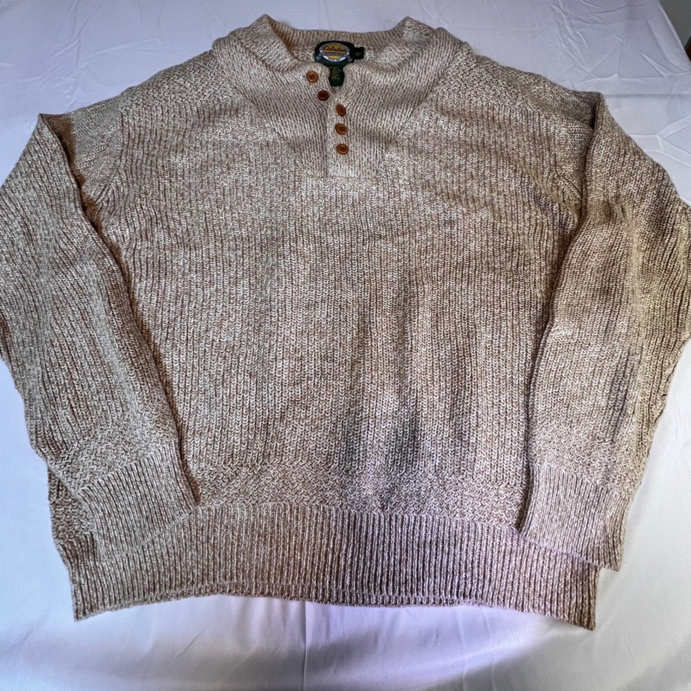 Cabela's Large Henley Sweater Mens Tan Vintage 100% Cotton Chunky‎ Knit 90-2277